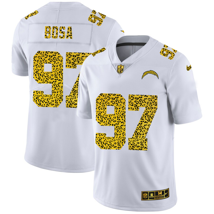 Custom Los Angeles Chargers 97 Joey Bosa Men Nike Flocked Leopard Print Vapor Limited NFL Jersey White